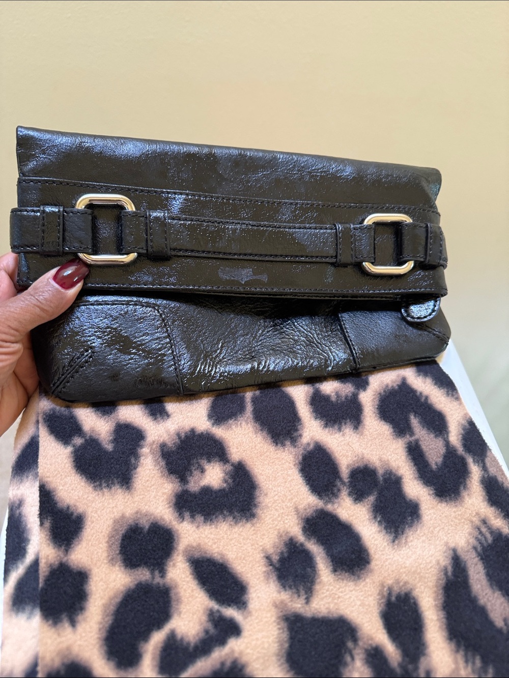 Club Monaco Black Leather Fold-Over Clutch with Silver Buckles
